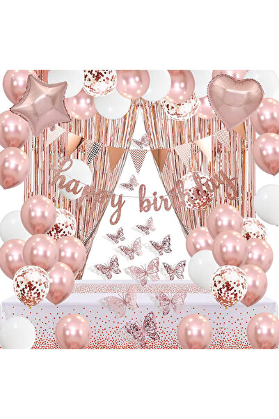 Generic Rose Gold White Happy Birthday Balloon Banner Butterfly Wall Stickers...