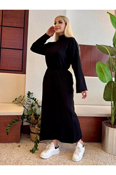 LİKRA Women's Plus Size Half Fishing Collar, Tie-Up Belt Tricot Dress