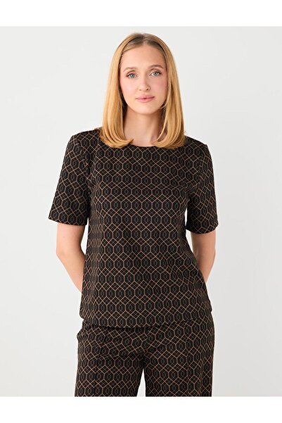 Jimmy Key Brown Short Sleeve Crew Neck Geometric Pattern Knitted Blouse