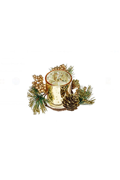 Lumanarela Lumanare Decorativa de Craciun in Pahar Auriu cu Folie & Coronita Ramura de Pin Conuri 15cm