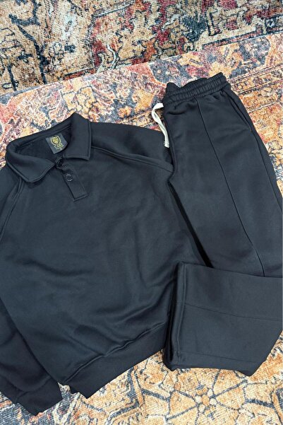 NO 601 Erkek Siyah Oversize Roberto Reglan Kol Düğmeli Sweat Baggy Eşofman Alt-Üst Takım