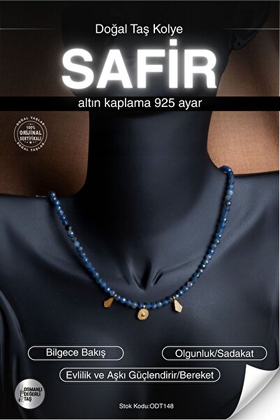 OSMANLI DEĞERLİ TAŞ SERTİFİKALI Safir Doğal Taş Altın Kaplama Kolye ODT148