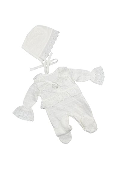 Baby day سالوبيت مواليد قطن أبيض بدانتيل مع قبعة – تصميم أنيق