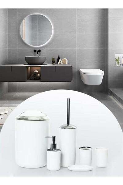 DOMEET طقم إكسسوارات حمام بلاستيكي مكون من 6 قطع، يشمل سلة مهملات، وصحن صابون، وفرشاة تنظيف المرحاض، وكوب.