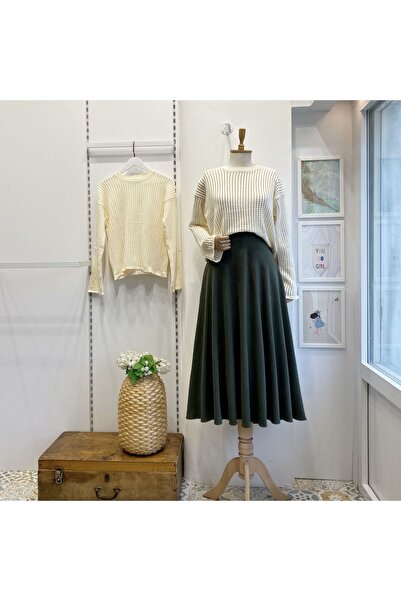 Faya Boutique Haki Yeşili Kloş Kaşe Etek