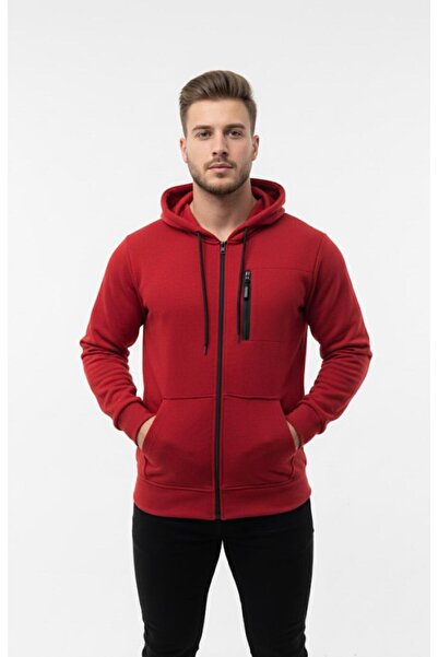 AXXEL Men's Red Fleece Zippered Hooded Sweatshirt-W1157