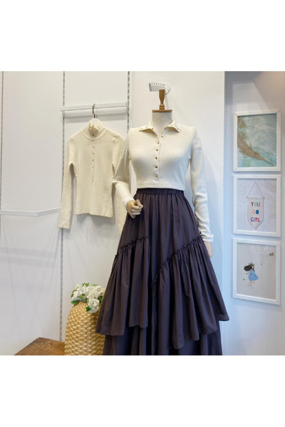 Faya Boutique Ekru Dik Yaka Düğmeli Triko Bluz