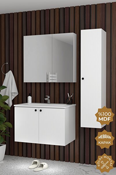TETA HOME Torino 80 cm MDF Gövde Membran Kapak Banyo Dolabı Seti + Boy Dolabı