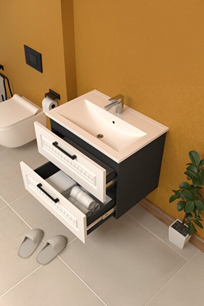 TETA HOME Floransa 65 cm MDF Gövde Membran Kapak Banyo Dolabı Seti