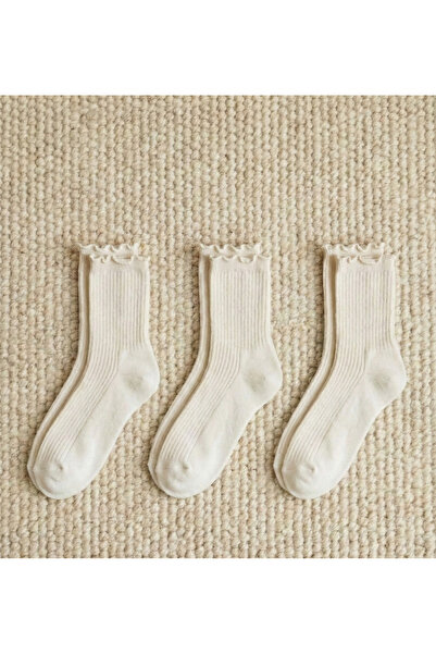 DRAV 3'lü Krem Renk, Fırfır Detaylı Düz Kadın Çorabı - (Dikişsiz)