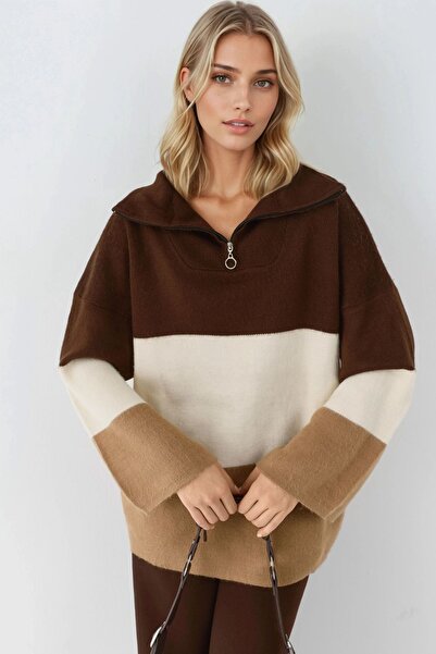 Hiccup MY FASHION Πλεκτό πουλόβερ με φερμουάρ στο λαιμό, χρωματικά διαχωρισμέ...