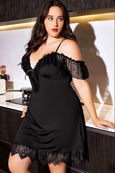 Melissa Pink Siyah Fırfırlı Omuz Dekolteli Transparan Tül Gecelik Büyük Beden