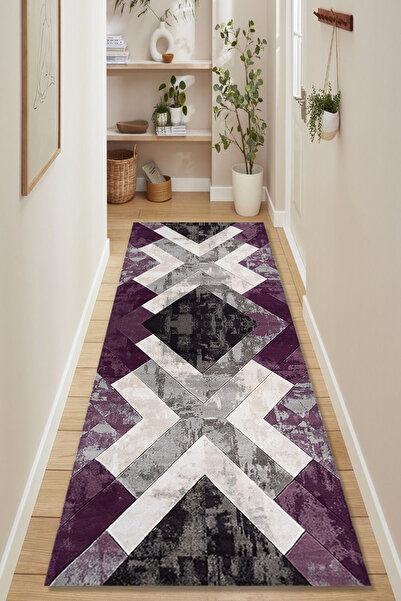 Kessy Home Studio Yolluk & Koridor Halısı Mor Gri Siyah Geometrik Desenli Dij...