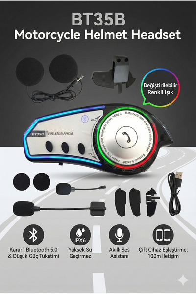 FaroxTech BT35B Iki Cihaz Eşleşme Özellikli Rgb Renkli Işıklı Motosiklet Blue...