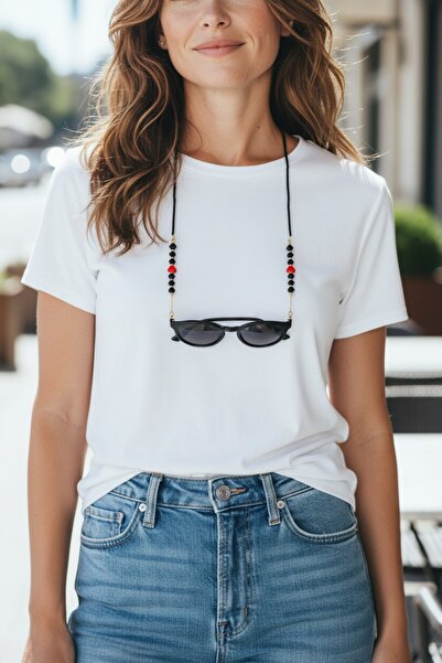 SAVETTE Siyah Taşlı Kırmızı Kalpli Zincir Güneş Gözlüğü Zinciri Gözlük Ipi As...