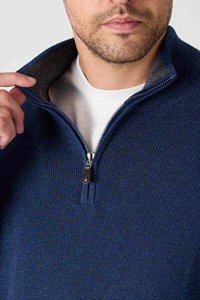 Frappoli Monica Men's Light Navy Blue Thessaloniki Knitted Half Zipper Mock N...