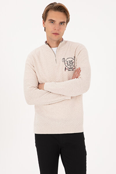 U.S. Polo Assn. سترة رجالية قصة ضيقة بسحاب نصفي كريمي اللون 50314155-VR159