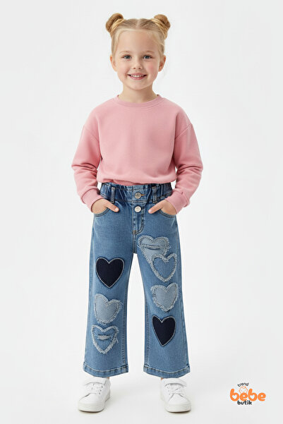 Trend Bebe Butik Kız Çocuk Kalp Desenli Kot Pantolon Rahat Kesim Yüksek Bel, ...