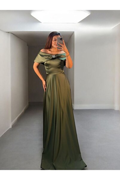 OLA Madonna Yaka Bella Haki Yeşil Abiye Elbise