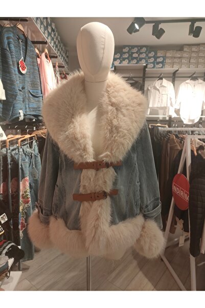 Robin D99583 Kadın Kürklü Astarlı Önü Kemer Detaylı Denim Mont Kaban
