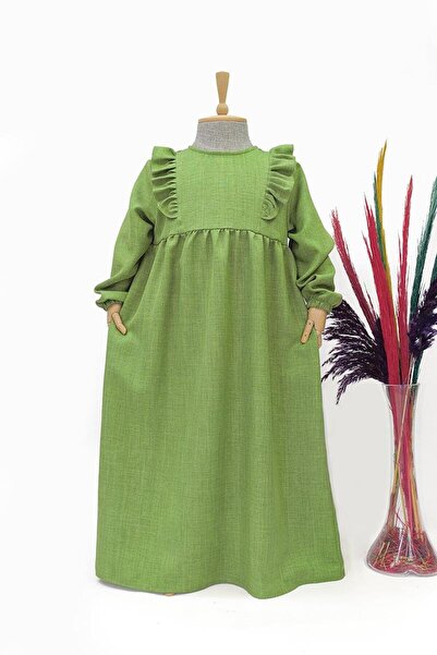 Betül Akbay Girl's Linen Dress - Hüma Model Long Hijab Dress Mint Green