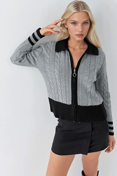 Hiccup My Fashion Zippered Polo Neck Knit Cardigan