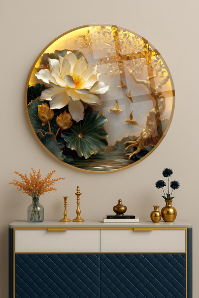 TAULART Yuvarlak Kırılmaz Cam Tablo Lüks Altın Lotus ve Hayat Ağacı Şık Salon Duvar Dekoru