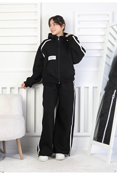 Emilakids Black Girl Child Striped Detail 3 Thread Ş Fleece-Lined Set