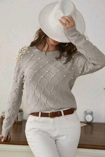 H&E LUXURY DESIGN Pulover de tricotat cu detalii cu margele pentru femei