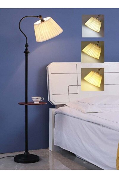 Arabest Nordic Adjustable Floor Lamp with Wooden Tray - 3 Color Modes & Wrinkle Fabric for Bedroom etc