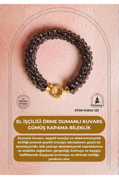 OSMANLI DOĞAL TAŞ Certified Handcrafted Knitted Smoky Quartz Silver Clasp Bracelet (Sk:123)
