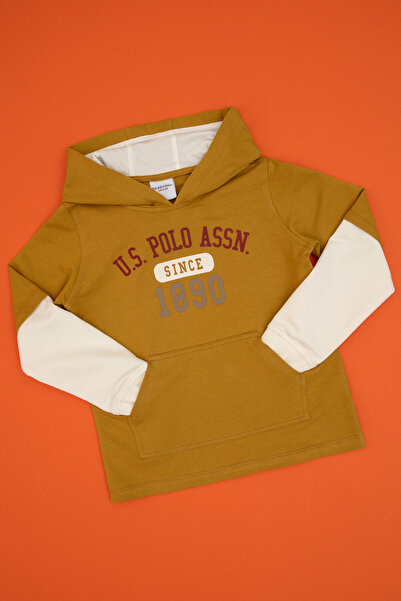 U.S. Polo Assn. سويت شيرت رفيع للأولاد باللون الخردل بغطاء رأس 50316470-VR151