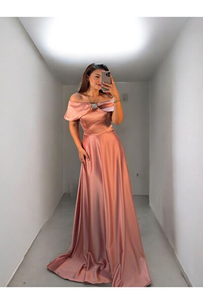 OLA Madonna Yaka Bella Pudra Pembe Abiye Elbise