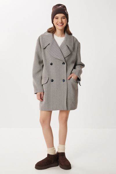 Lovelyİstanbul Fish Scale Oversized Cashmere Coat Lfn0143 Brown White