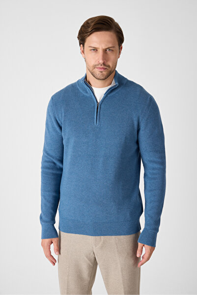 Frappoli Pulover Monica pentru bărbați, indigo, Selenic, tricotat, cu jumătate de fermoar, D guler ridicat, cu croială normală