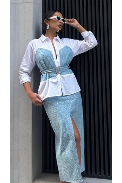 Luminosa Sequin Jeans Detail Belted Design Shirt 3578**Lu