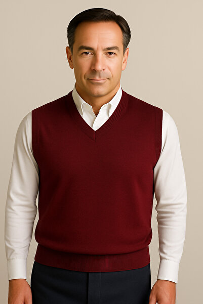 BURSPA Winter V-Neck Solid Slim Wool Burgundy Dad Sweater