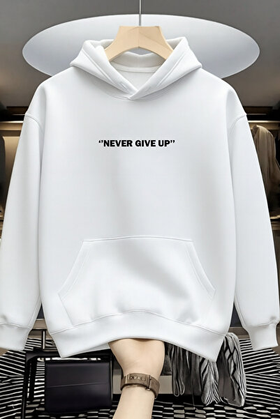 Revasser Unisex Erkek/Kadın NEVER Renkli Özel Baskılı Pamuklu Oversize Kapüşo...