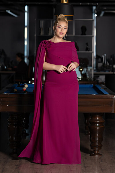 Abiyefon Mürdüm Pelerinli Tek Omuz Uzun Şifon Büyük Beden Abiye ABU5419