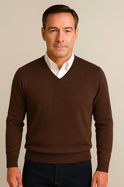 BURSPA Winter V-Neck Thin Wool Brown Dad Sweater