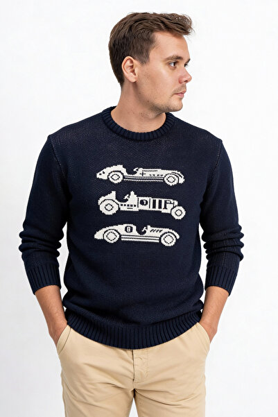 F&K Bisiklet Yaka Araba Desenli Erkek Triko Kazak