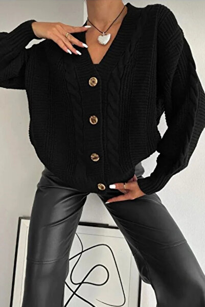 The Robi Women's Black V-Neck Buttoned Hair Knitwear Cardigan