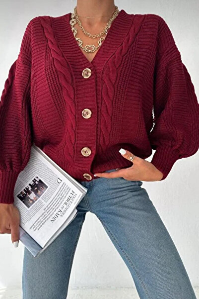 The Robi Women's Burgundy V-Neck Buttoned Hair Knitwear Cardigan