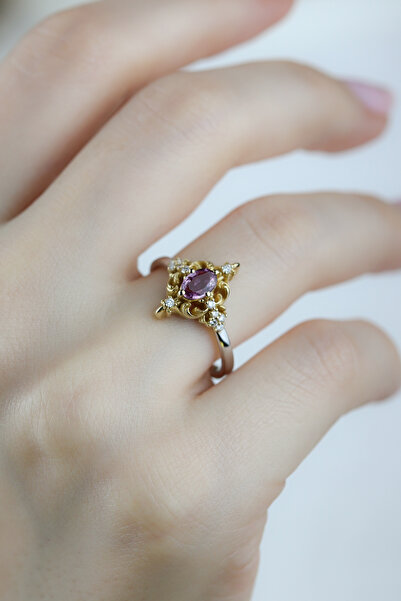 Coy Diamond Vintage Yüzük , Pembe Turmalin & Pırlanta Yüzük,14 Ayar Altın Pır...