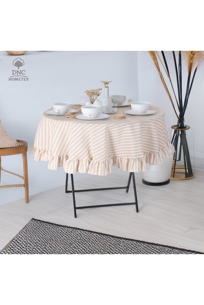 DNC home tekstil Keten Çizgili Sütlü Kahve Fırfırlı Masa Örtüsü