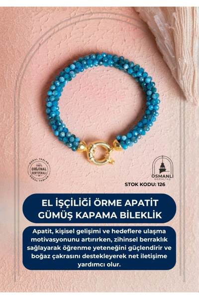OSMANLI DOĞAL TAŞ Certified Handcrafted Knitted Apatite Silver Plated Bracelet (Sk:126)