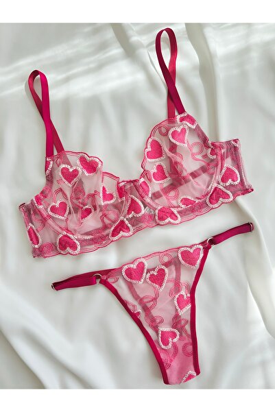 kiari Heart Patterned Modern Brode Embroidered Vibrant Pink Underwire Cupless...