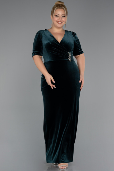 Abiyefon Zümrüt Yeşili Kısa Kol Uzun Kadife Büyük Beden Abiye ABU5390