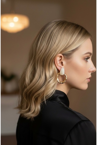 vina's atelier Vintage Çelik Krem Taş Küpe