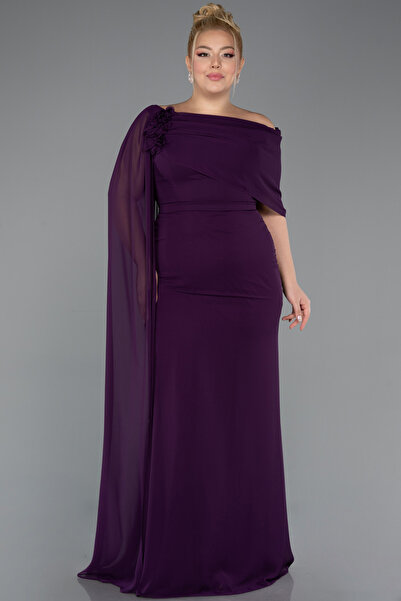 Abiyefon Mor Pelerinli Tek Omuz Uzun Şifon Büyük Beden Abiye ABU5419